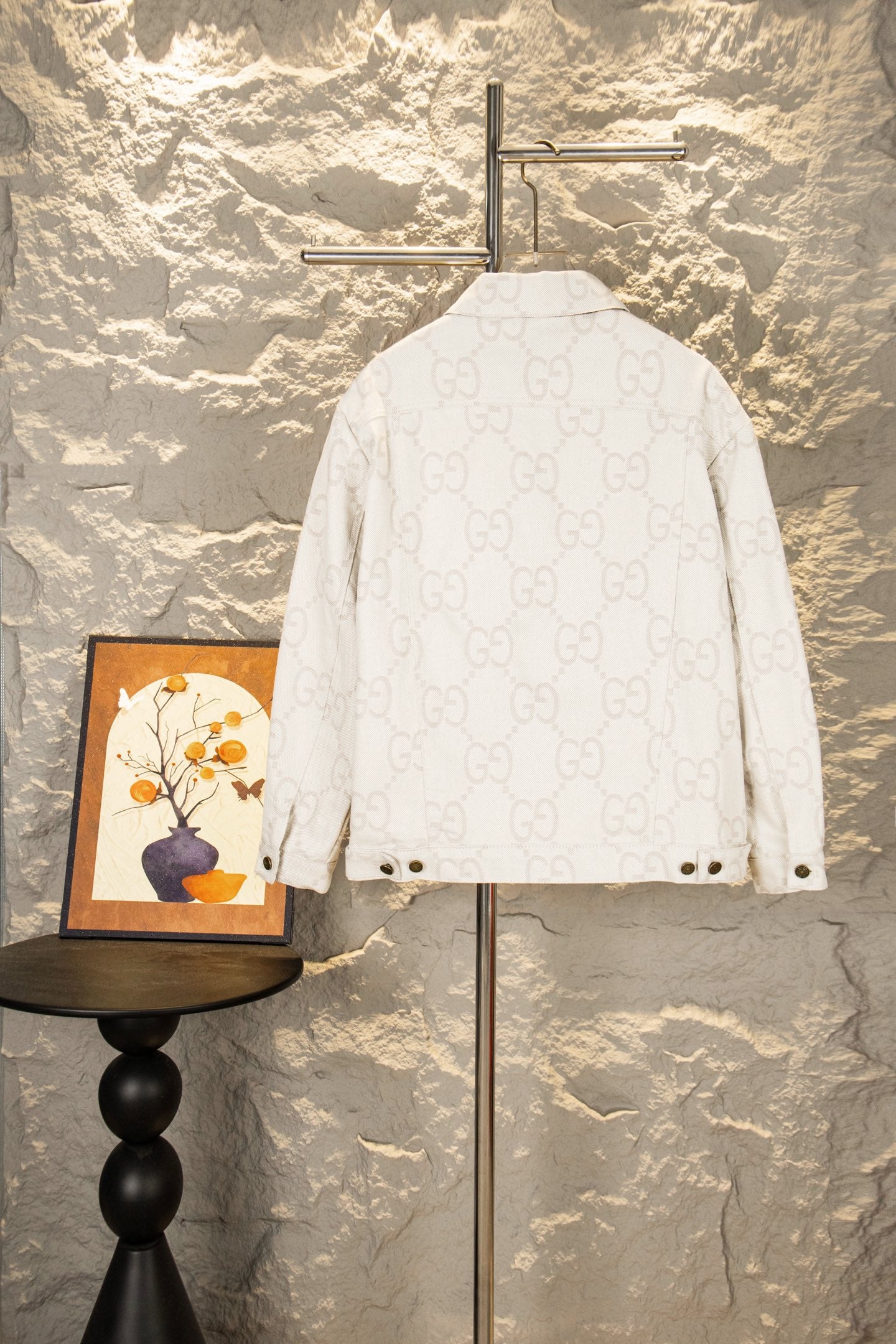 Gucci GG-print white jacket, back view with gold-tone buttons