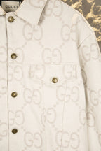 Gucci GG-print white jacket side view with gold-tone button details
