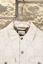 Gucci GG-print white jacket with buttoned collar and gold-tone front buttons