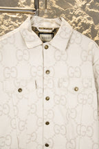 Gucci GG-print white jacket front with gold-tone button placket and logo collar
