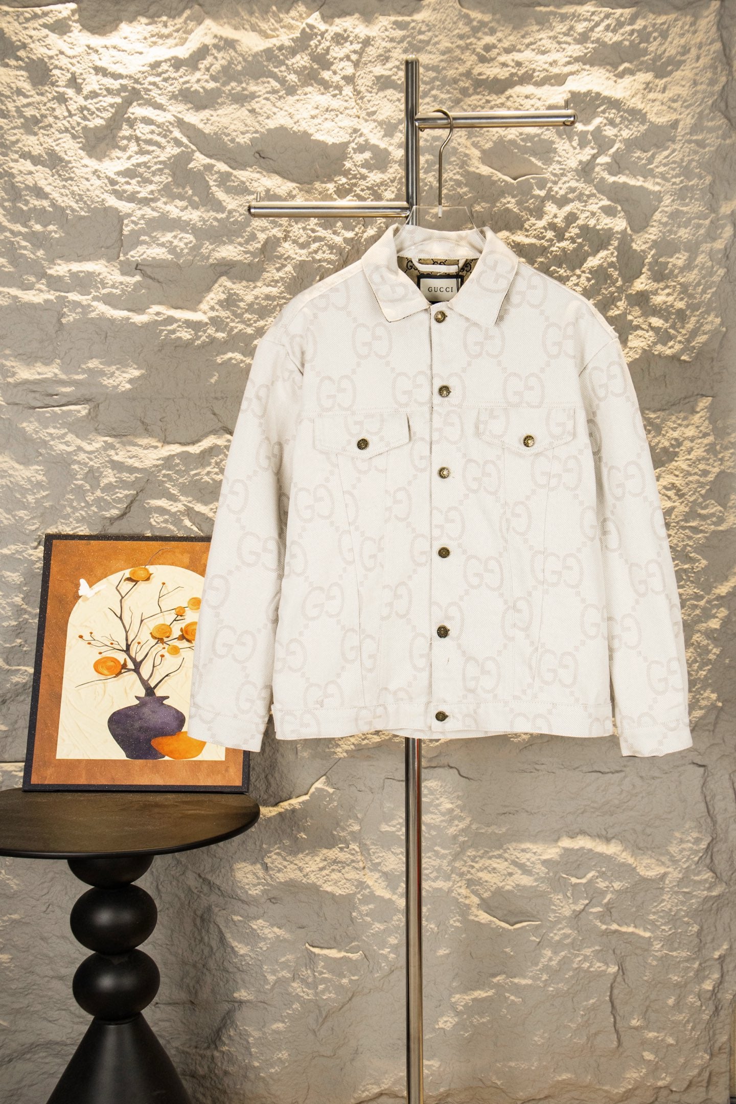 Gucci GG-print white jacket with gold-tone buttons and flap pockets