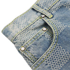 Denim waistband with button closure and coin pocket stitching
