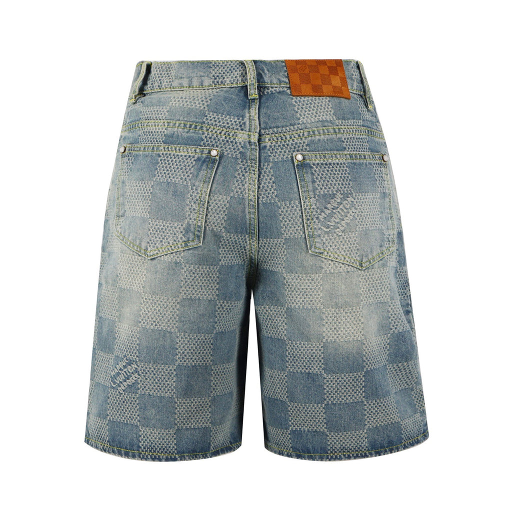 Checkered denim shorts back view with two rear patch pockets
