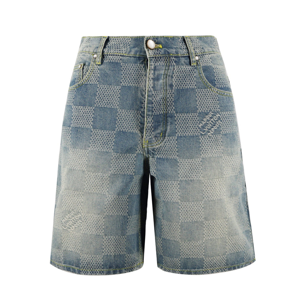 Checkered denim shorts with button fly and belt loops