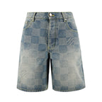 Checkered denim shorts with button fly and belt loops