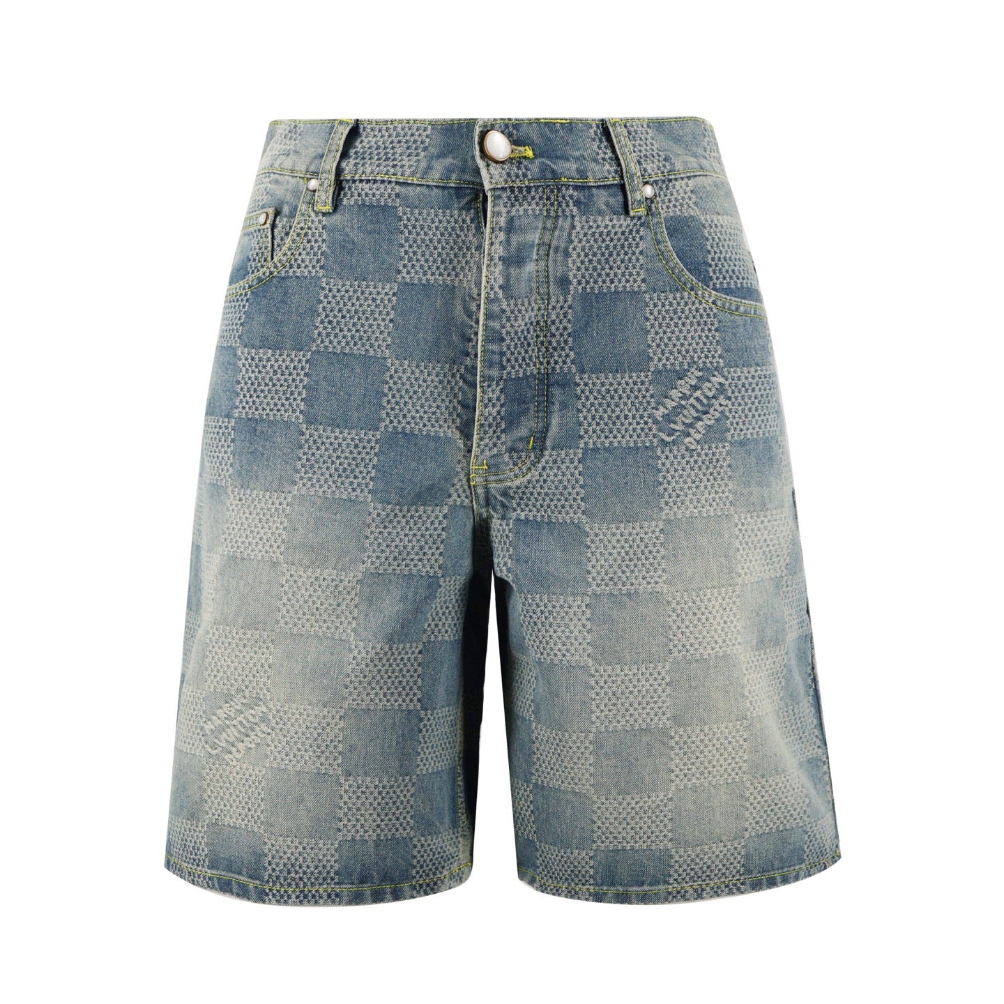 Checkered denim shorts with button fly and belt loops