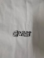 Off White logo on white crew-neck T-shirt chest, black text graphic
