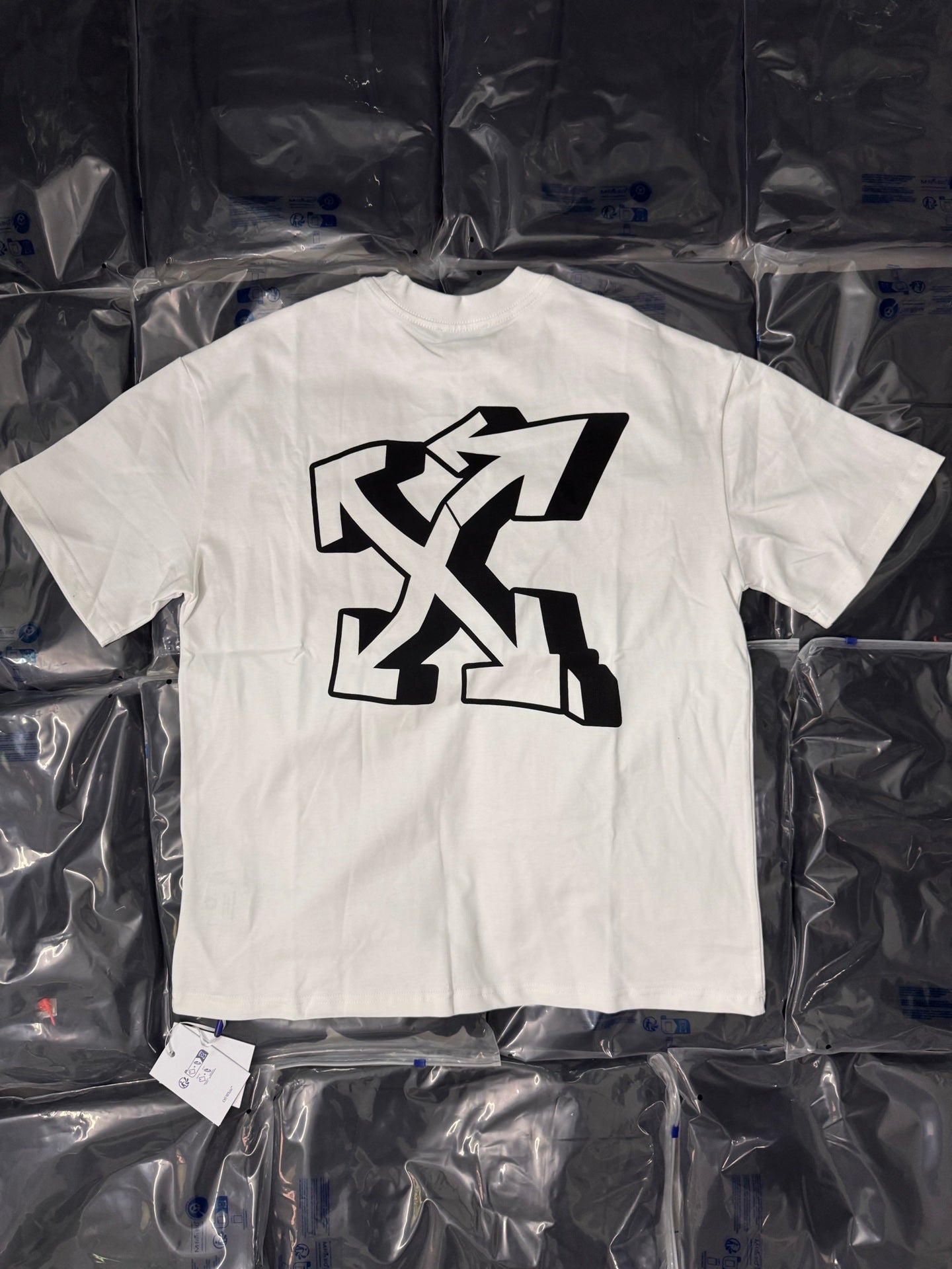 Off White white crew-neck T-shirt with large black graphic logo on front