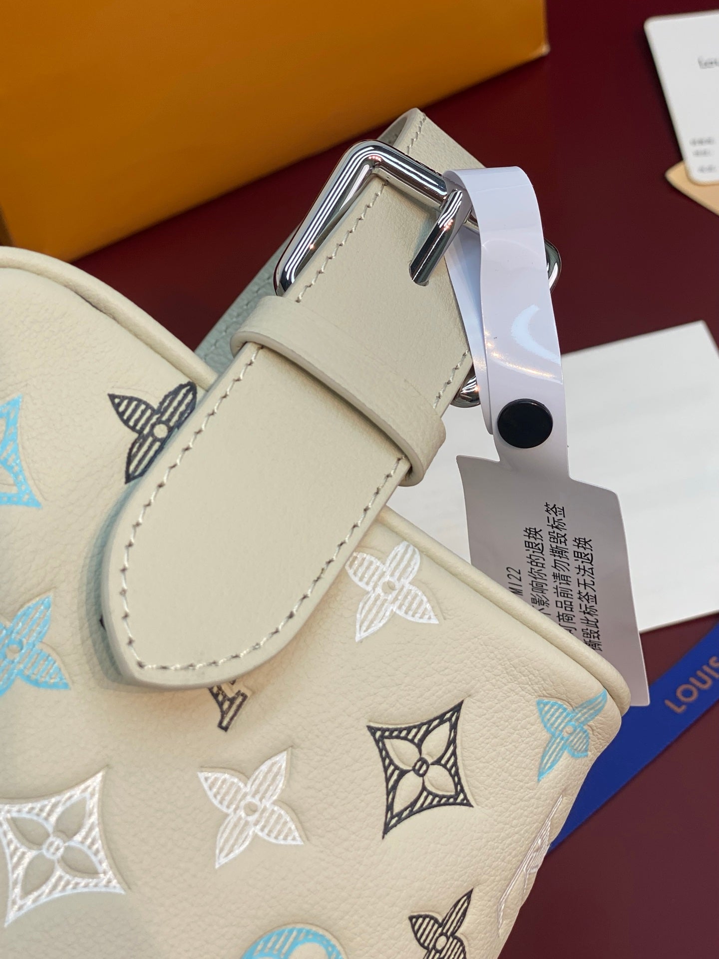 Louis Vuitton toiletry bag exterior close-up with metal D-ring and blue monogram