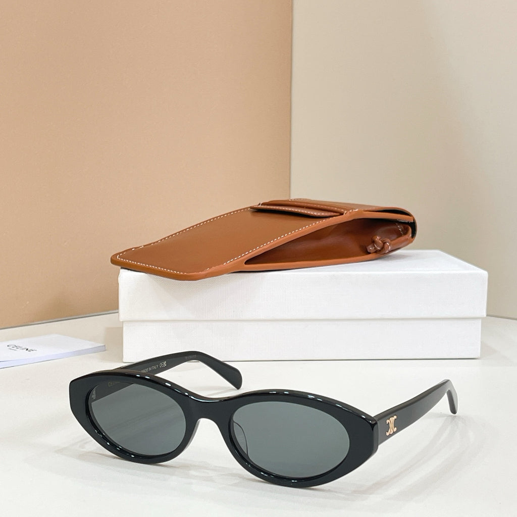 Celine sunglasses with black frames and dark lenses, side view.