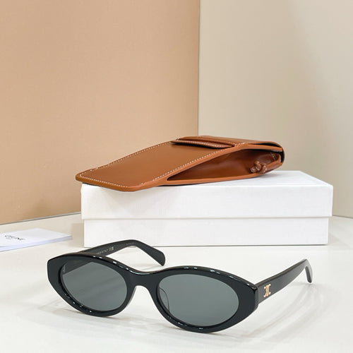 Celine sunglasses with black frames and dark lenses, side view.