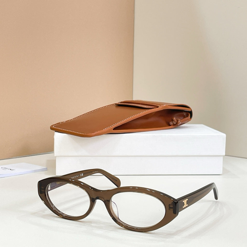 Warm brown rounded full-rim eyeglasses with a glossy finish