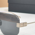 Sunglasses close-up: metal temple hinge and dark lens