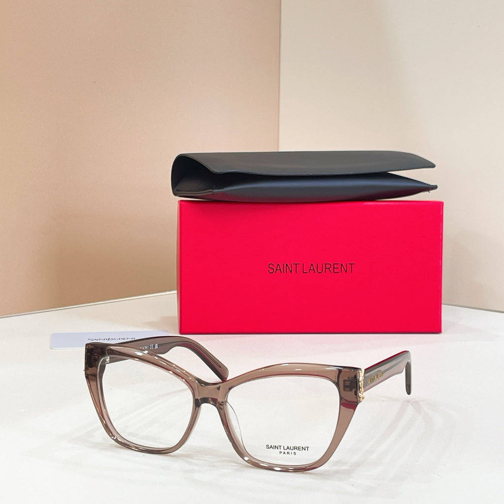 Eyeglasses with taupe-brown frames, clear lenses, and gold logo detail at temple