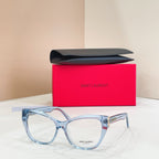 Eyeglasses with light blue frames, clear lenses, and gold logo detail at temple