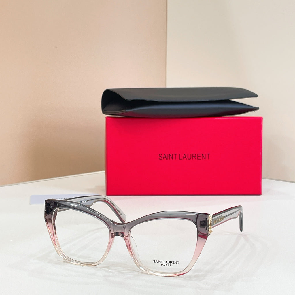 Eyeglasses with clear gray frames, clear lenses, and gold logo detail at temple