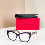 Eyeglasses with dark blue-black frames, clear lenses, and gold logo detail at temple