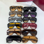 Assorted sunglasses set in black, tan, and purple frames with tinted lenses