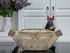 Beige Louis Vuitton monogram belt bag with gold-tone zip and wide strap