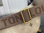 Louis Vuitton monogram belt bag strap detail with gold buckle and repeating LV pattern