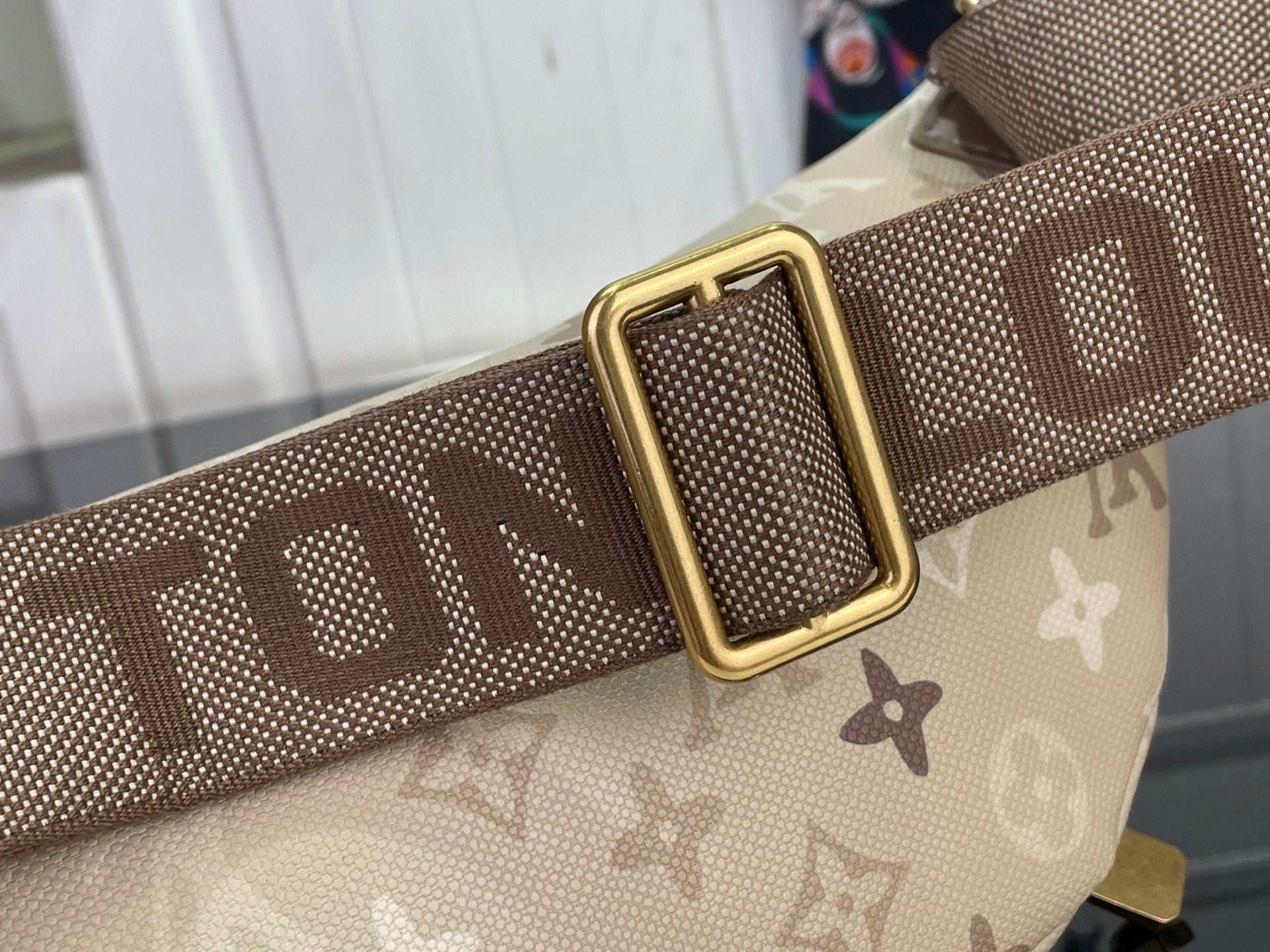 Louis Vuitton monogram belt bag strap detail with gold buckle and repeating LV pattern