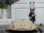 Beige Louis Vuitton monogram waist bag with top zipper, gold clasps, and side straps