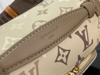 Louis Vuitton monogram belt bag detail with brown leather strap and stitched trim