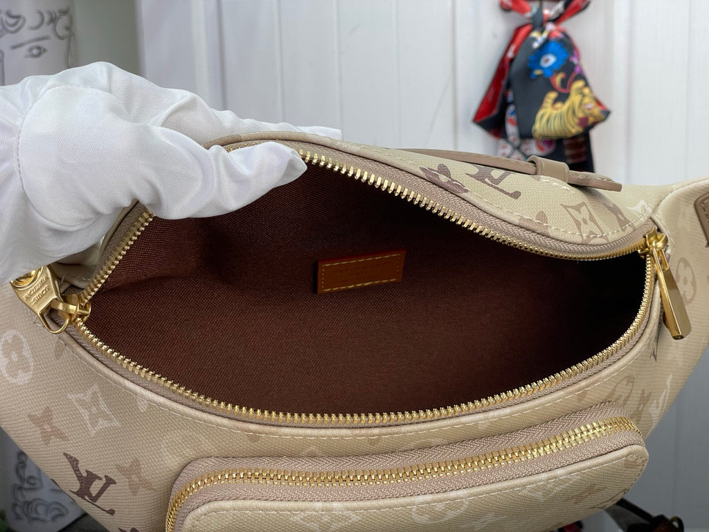 Louis Vuitton monogram belt bag interior with brown lining and open zipper compartment