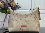 Beige monogram hobo shoulder bag with tan leather trim and gold hardware