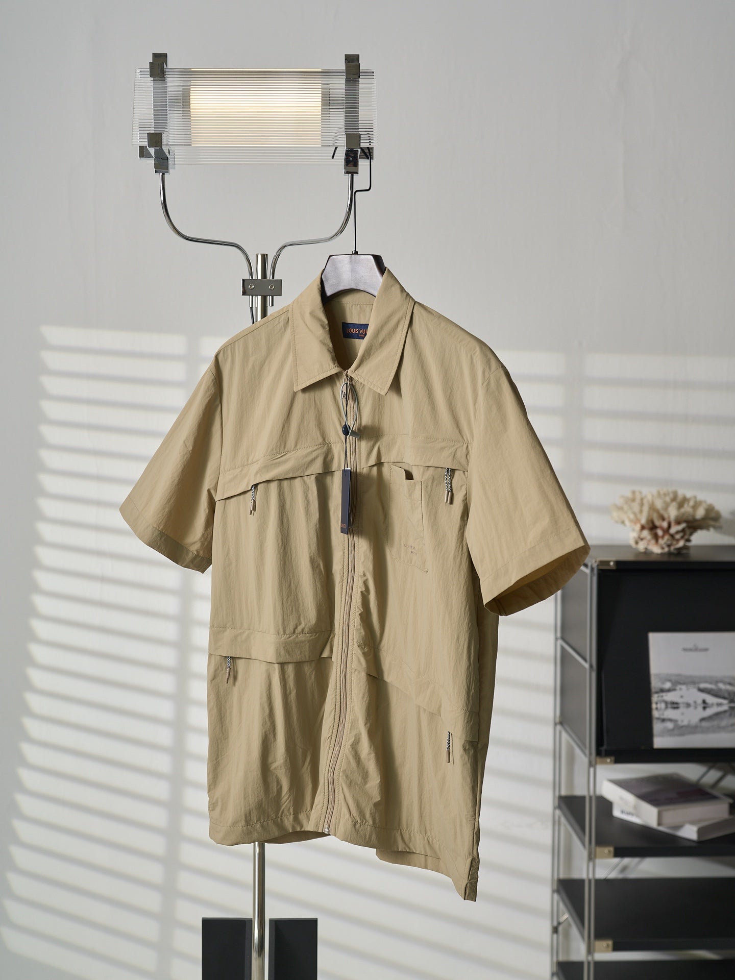 Louis Vuitton light tan short-sleeve shirt with turn-down collar and front zip