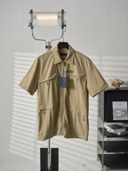 Louis Vuitton short-sleeve shirt in light tan, front zip and flap chest pockets