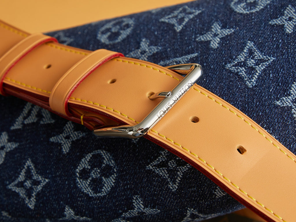 Louis Vuitton monogram denim adjustable strap with tan leather and silver buckle