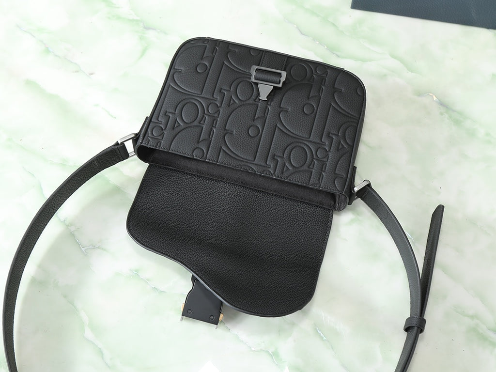 Dior black embossed crossbody bag with flap and front pocket