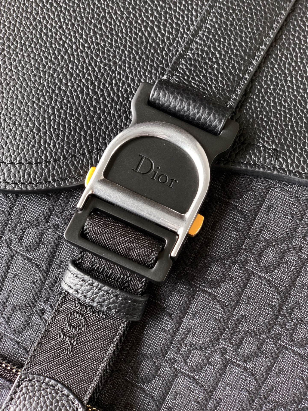 Dior logo buckle on dark leather and monogram strap