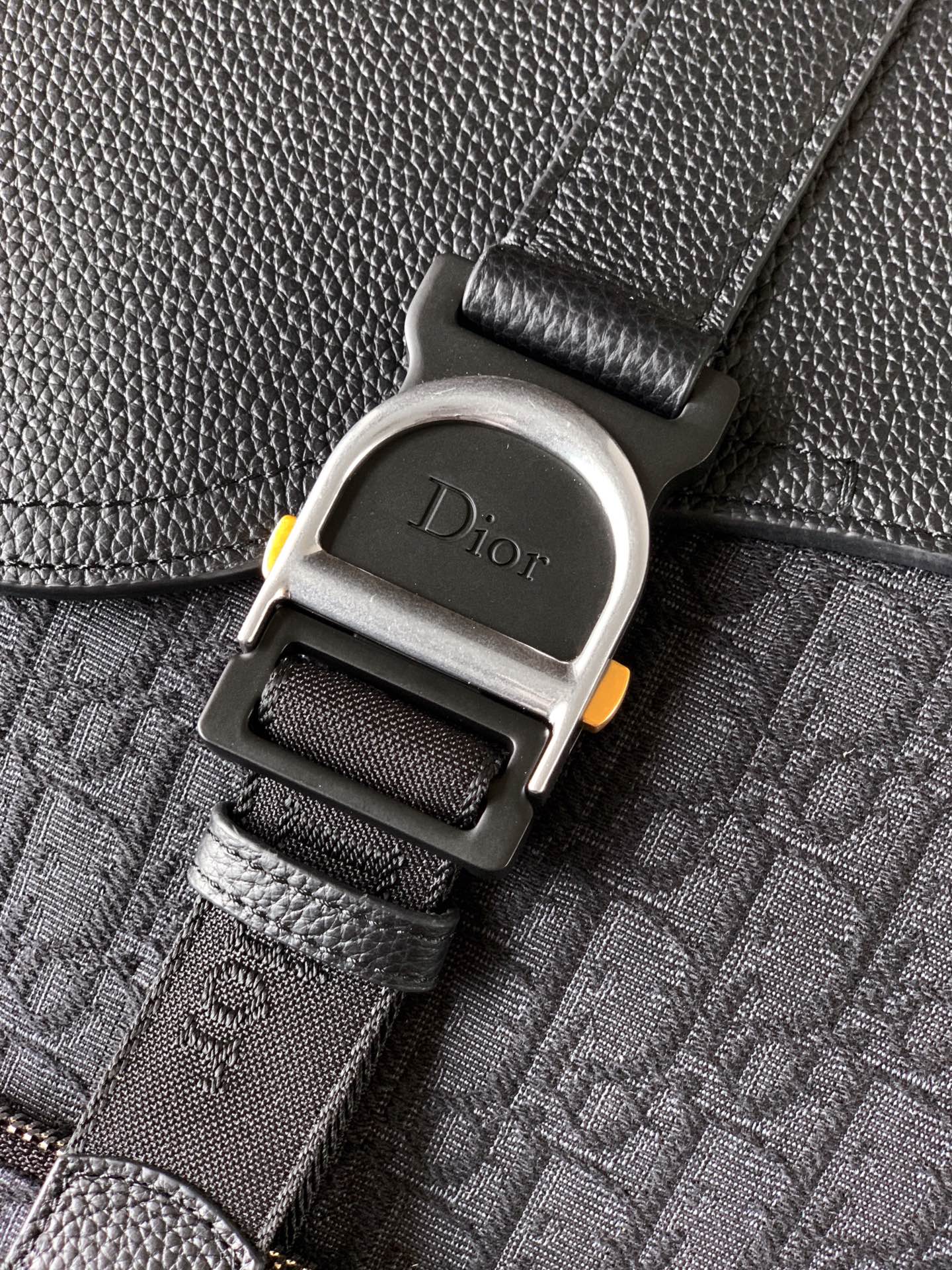 Dior logo buckle on dark leather and monogram strap