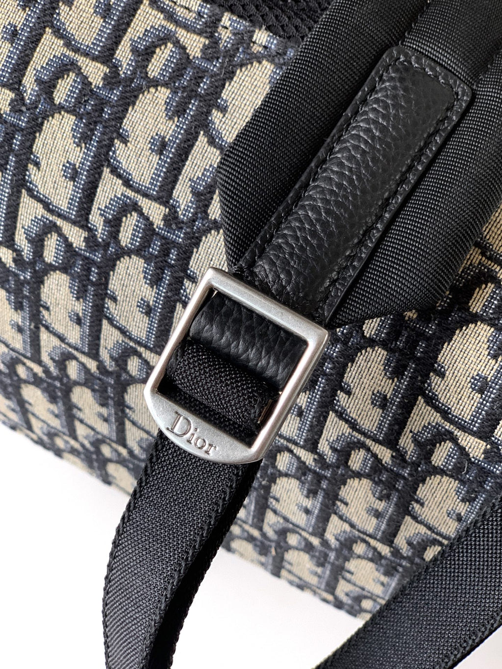 Dior logo buckle with black adjustable strap on monogram canvas
