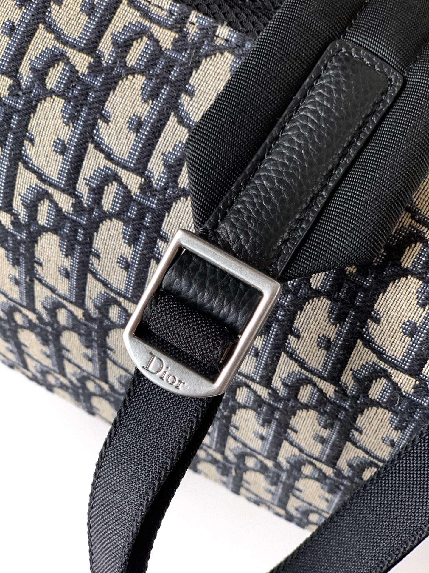 Dior logo buckle with black adjustable strap on monogram canvas