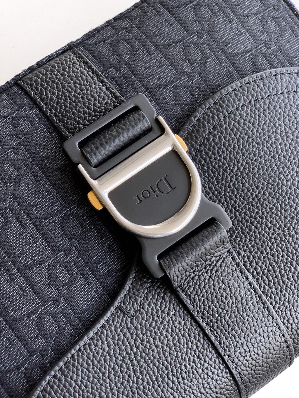Dior bag close-up: metal buckle on embossed leather strap
