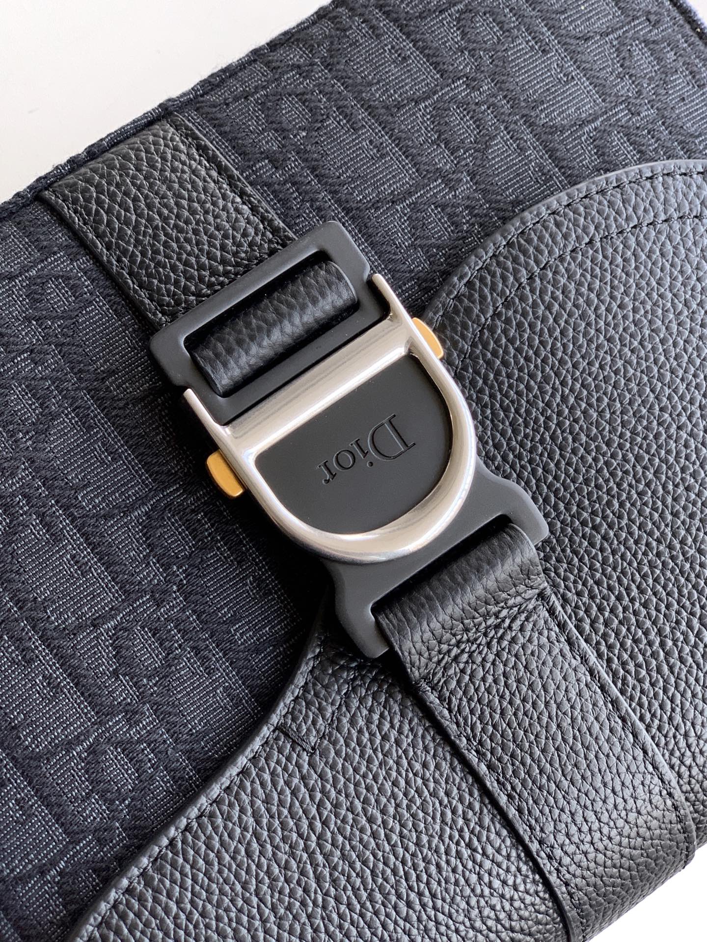 Dior bag close-up: metal buckle on embossed leather strap