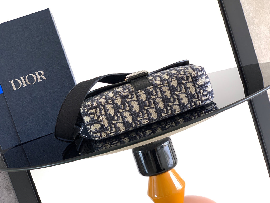 Dior shoulder bag with navy-beige logo canvas top and black handle strap
