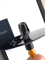Dior bag view with navy-beige canvas body, black strap and silver buckle