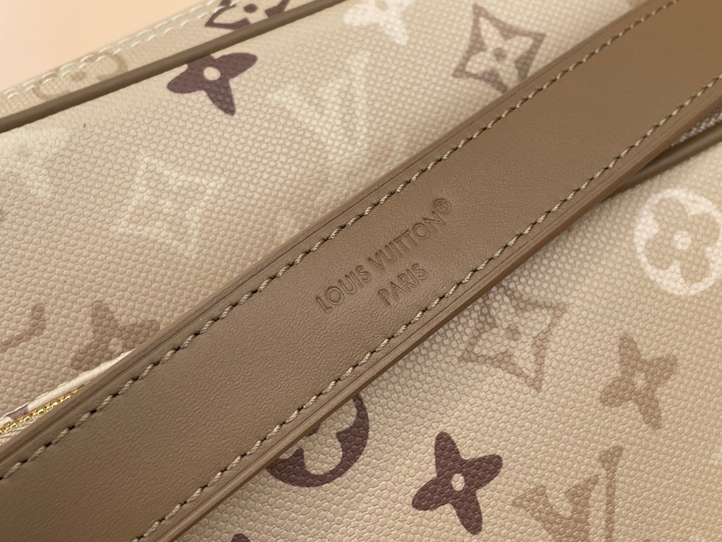 Louis Vuitton monogram bag strap with stitched logo and beige canvas pattern