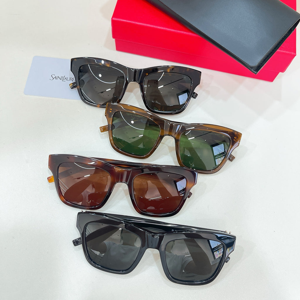 YSL sunglasses set showing four pairs in black, tortoise, and dark lenses