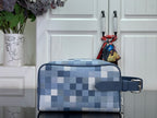 Blue check crossbody bag with front flap buckle strap