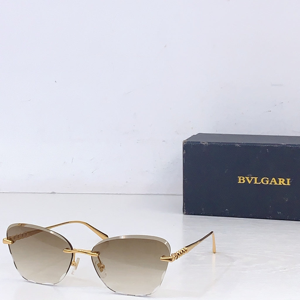 Bvlgari sunglasses with gold metal frame and light tinted lenses, front angle.