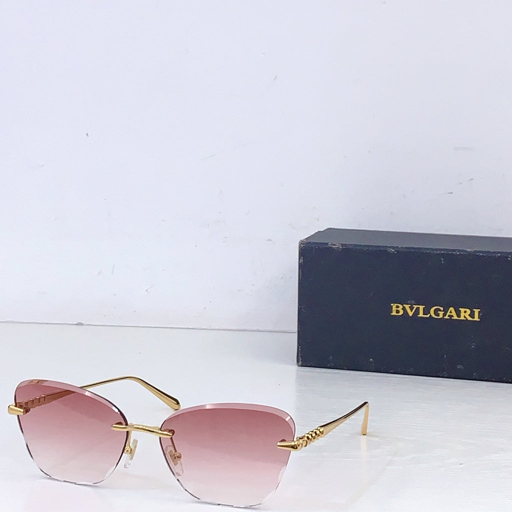 Bvlgari sunglasses with gold metal frame and pink tinted lenses, front angle.