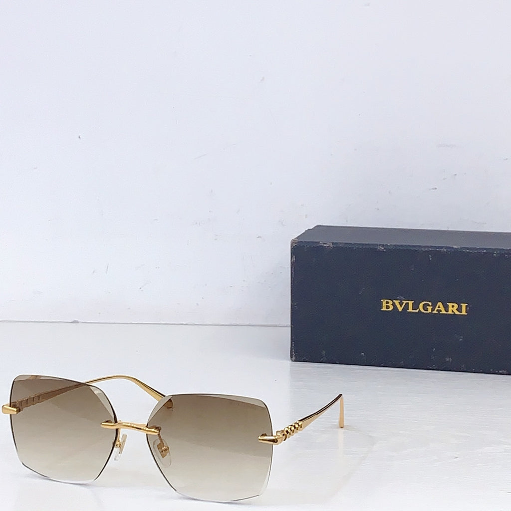 Bvlgari sunglasses with gold frame and light beige gradient lenses, rectangular shield shape