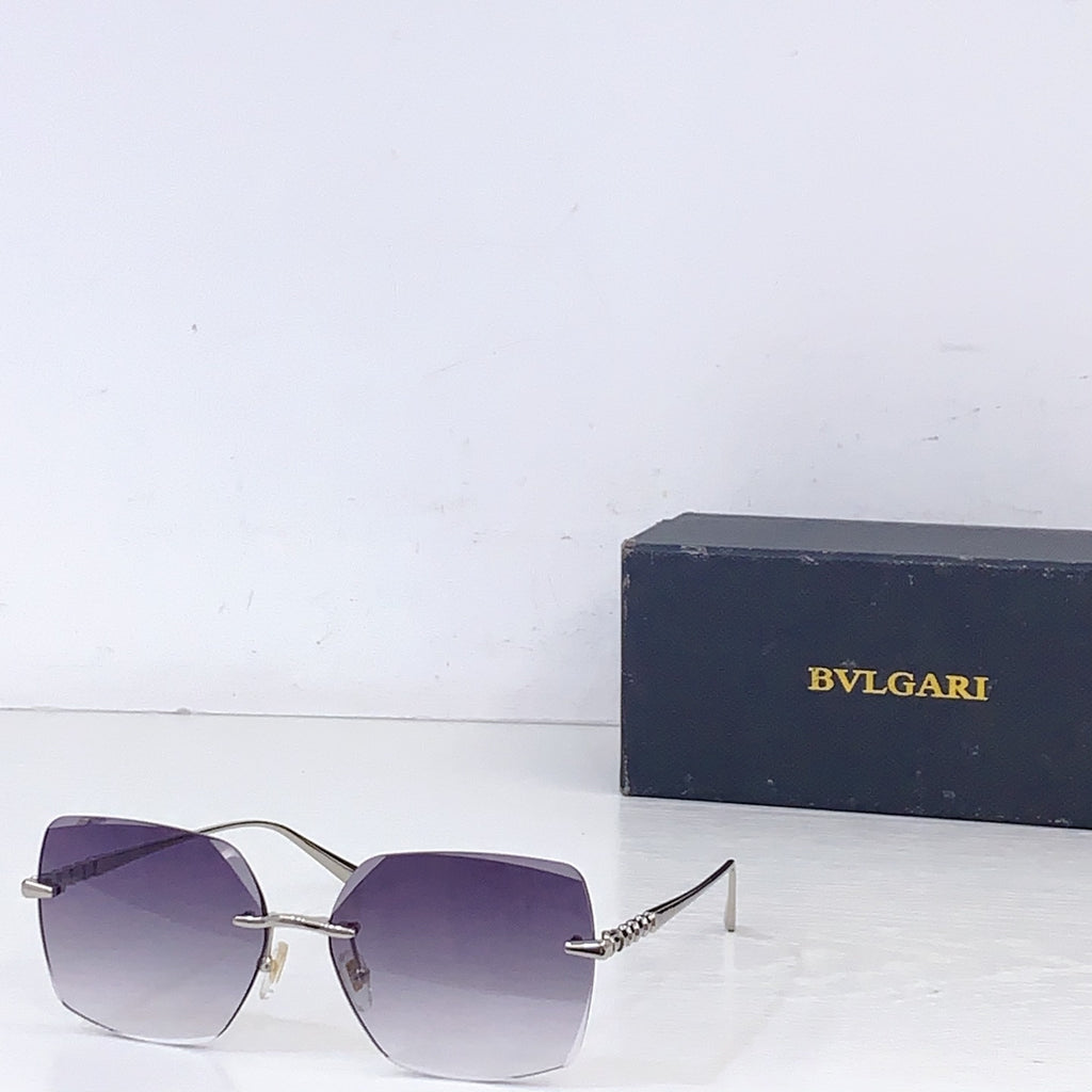 Bvlgari sunglasses with gold frame and purple gradient lenses, rectangular shield shape