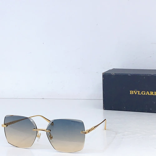 Bvlgari sunglasses with gold frame and gradient blue lenses, rectangular shield shape