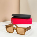 YSL glasses, tan square frame with brown lenses and gold side logo detail